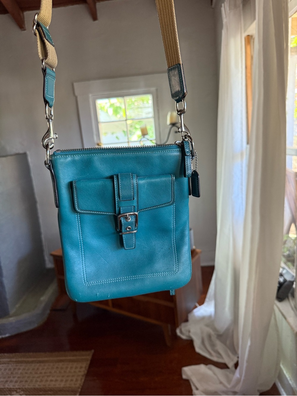 Vintage Coach Blue Green Leather Crossbody Bag | Silver Front Buckle | Y2K
